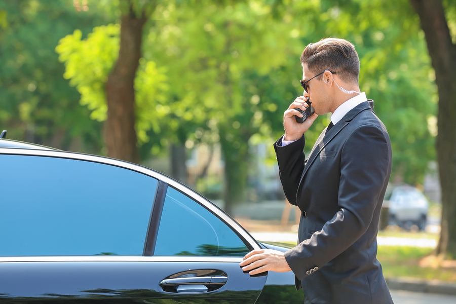 Handsome bodyguard near car outdoors